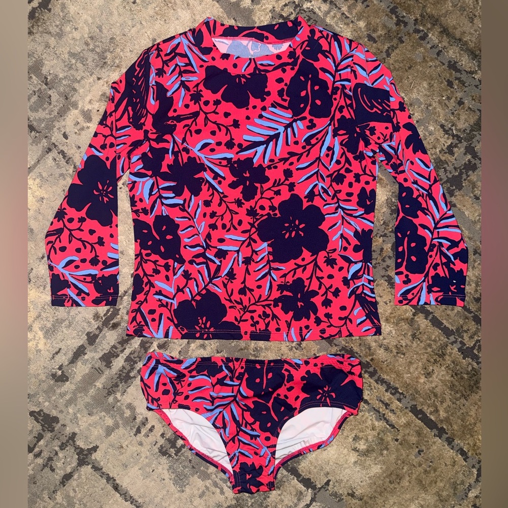 Lilly Pulitzer Hot Red/Pink Navy Floral Long-Sleeve Rashguard Set